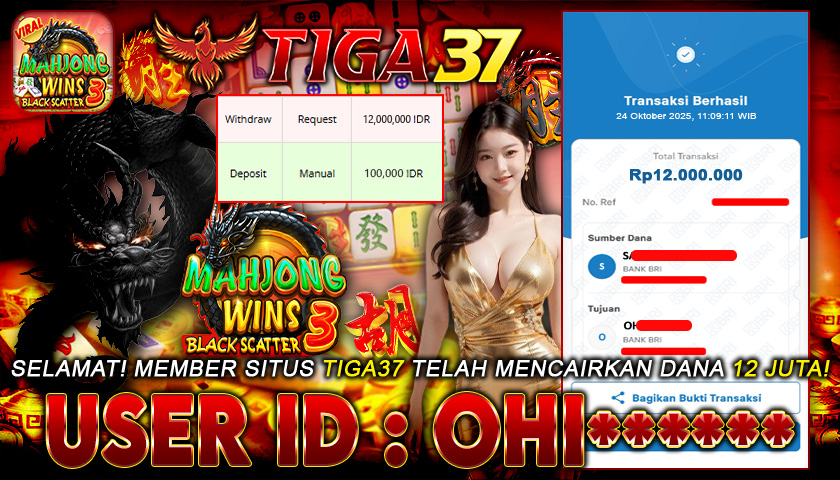 Tiga37 Jackpot Slot Mahjong Wins: Black Scatter 3 Menang Rp 12.000.000,- Lunas
