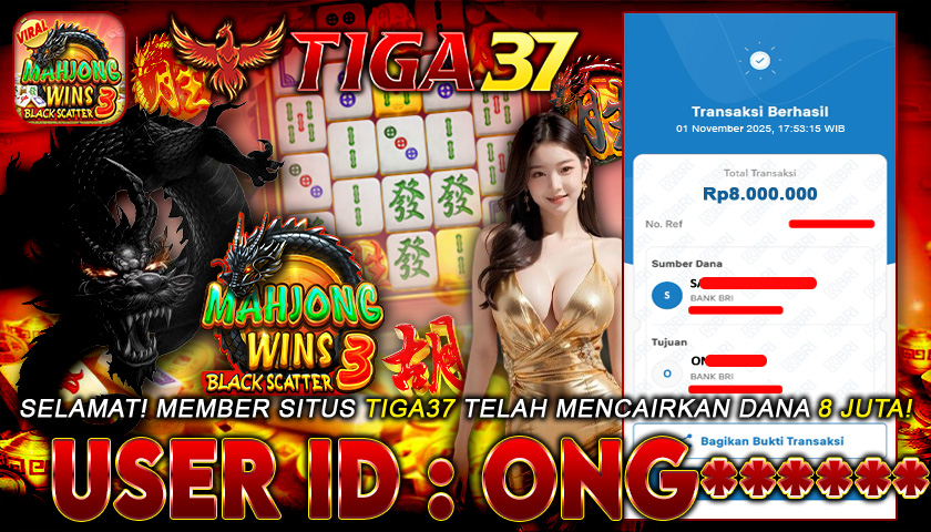 Tiga37 Jackpot Slot Mahjong Wins: Black Scatter 3 Menang Rp 8.000.000,- Lunas