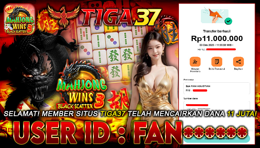 Tiga37 Jackpot Slot Mahjong Wins: Black Scatter 3 Menang Rp 11.000.000,- Lunas