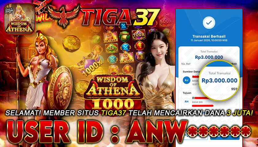 Tiga37 Jackpot Slot Wisdom of Athena 1000 Menang Rp 3.000.000,- Lunas